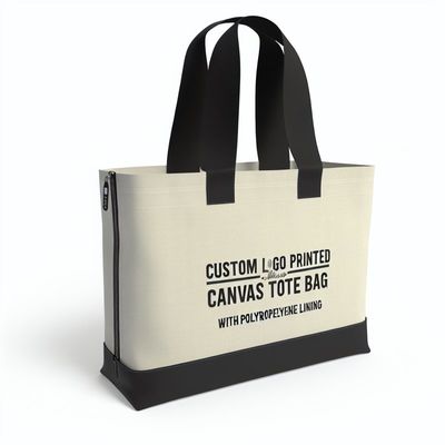 Custom Logo Cetak Zippered Canvas Tote Bag Dengan PP Lining Untuk Perbelanjaan Pribadi
